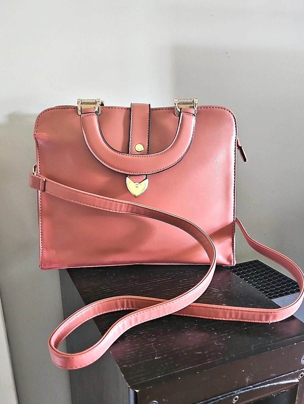Isabella Rue Structured Shoulder Bag in Salmon Pink 3 Section Zipper Closure